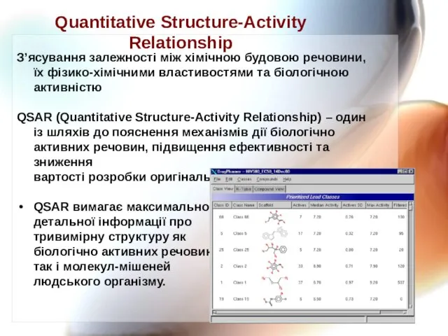 Quantitative Structure-Activity Relationship З’ясування залежності між хімічною будовою речовини, їх фізико-хімічними властивостями