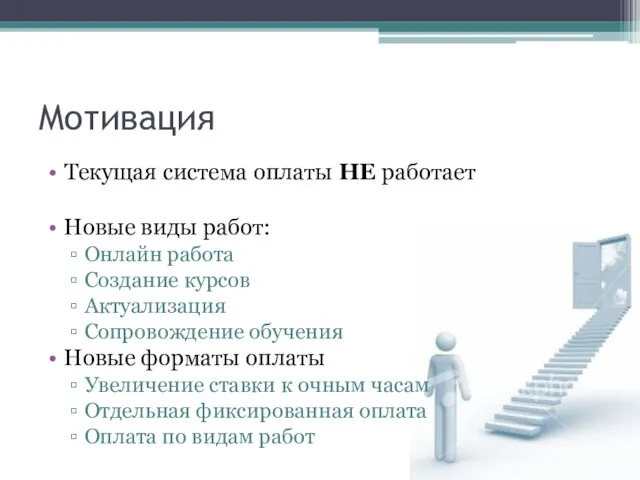 Мотивация Текущая система оплаты НЕ работает Новые виды работ: Онлайн работа Создание