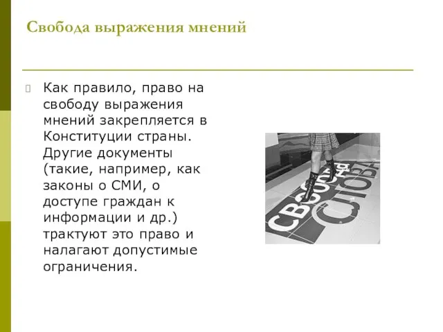 Свобода выражения мнений Как правило, право на свободу выражения мнений закрепляется в