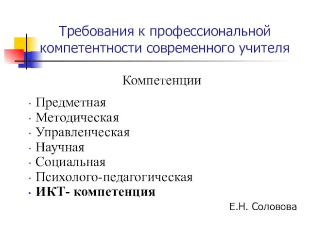 Требования к профессиональной компетентности современного учителя Компетенции Предметная Методическая Управленческая Научная Социальная