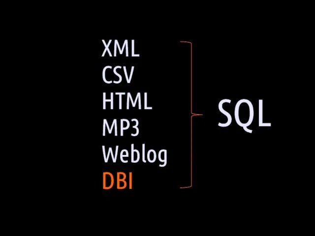 XML CSV HTML MP3 Weblog DBI SQL