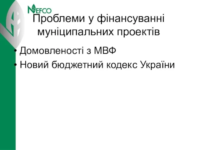 Проблеми у фінансуванні муніципальних проектів Домовленості з МВФ Новий бюджетний кодекс України