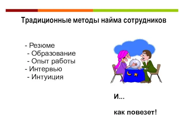 Резюме - Образование - Опыт работы Интервью - Интуиция И... как повезет! Традиционные методы найма сотрудников