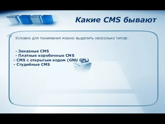 Какие CMS бывают Условно для понимания можно выделить несколько типов: - Заказные