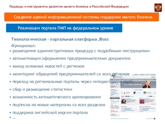 Реализация портала ПМП на федеральном уровне Подходы и инструменты развития малого бизнеса