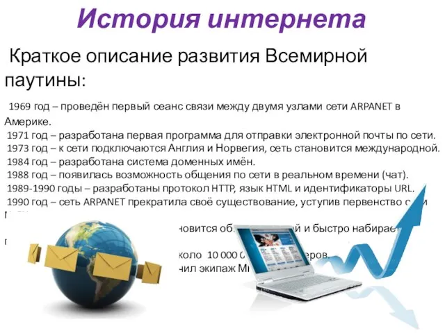 Краткое описание развития Всемирной паутины: 1969 год – проведён первый сеанс связи