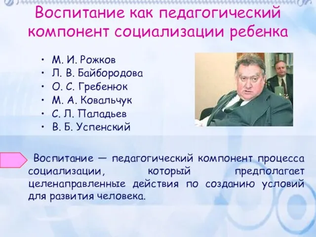 Воспитание как педагогический компонент социализации ребенка М. И. Рожков Л. В. Байбородова