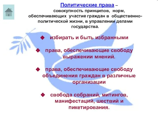 Политические права – совокупность принципов, норм, обеспечивающих участие граждан в общественно-политической жизни,