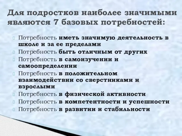 Потребность иметь значимую деятельность в школе и за ее пределами Потребность быть