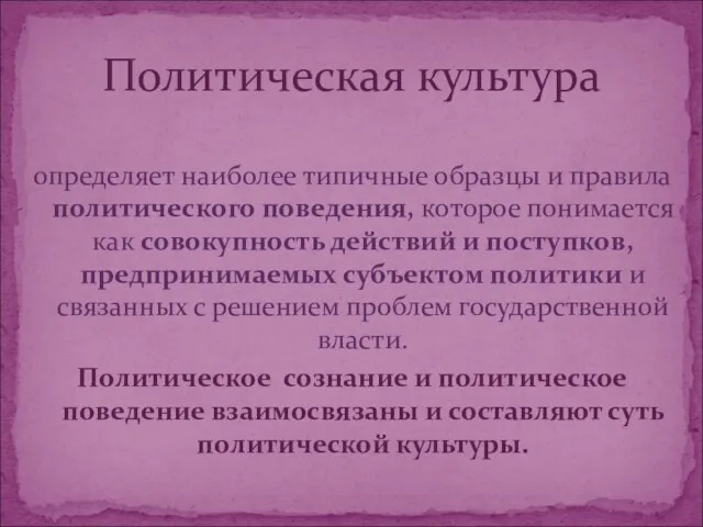 определяет наиболее типичные образцы и правила политического поведения, которое понимается как совокупность