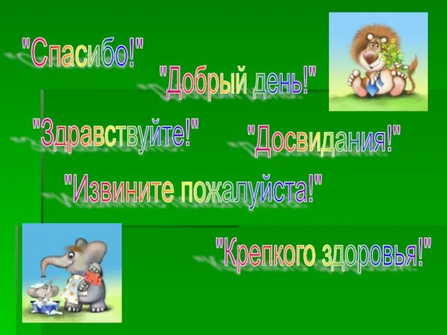 "Спасибо!" "Добрый день!" "Здравствуйте!" "Извините пожалуйста!" "Досвидания!" "Крепкого здоровья!"