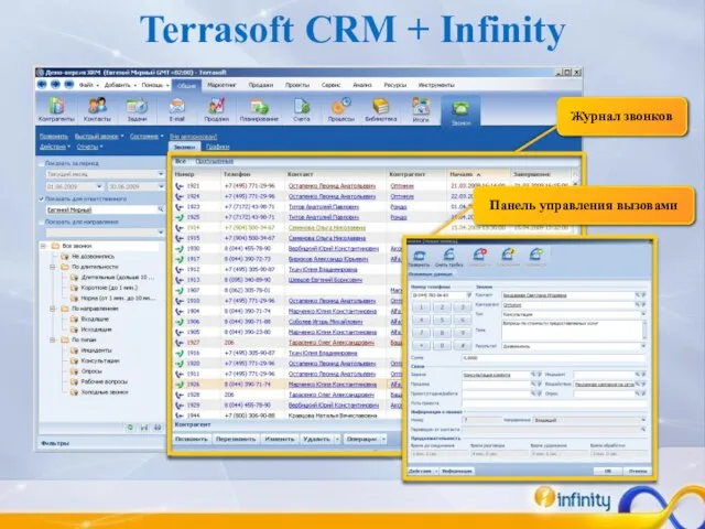 Terrasoft CRM + Infinity Журнал звонков Панель управления вызовами