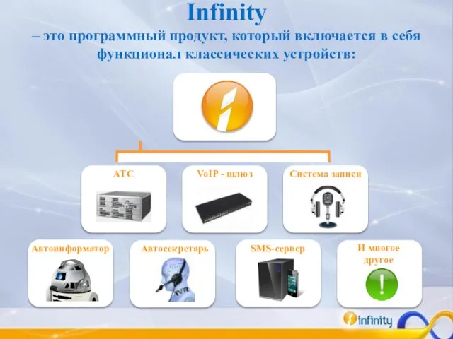 Infinity – это программный продукт, который включается в себя функционал классических устройств: