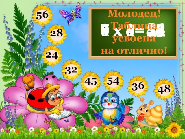 6 х 4= 24 7 х 8= 56 9 х 6= 54