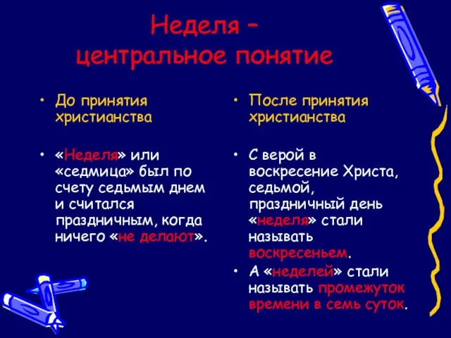 Неделя – центральное понятие До принятия христианства «Неделя» или «седмица» был по