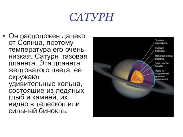 САТУРН Он расположен далеко от Солнца, поэтому температура его очень низкая. Сатурн