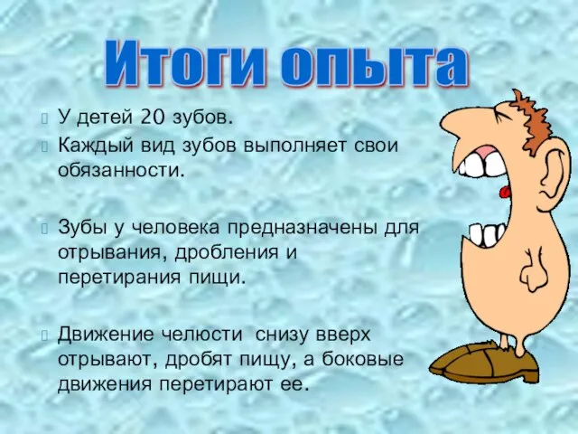 У детей 20 зубов. Каждый вид зубов выполняет свои обязанности. Зубы у