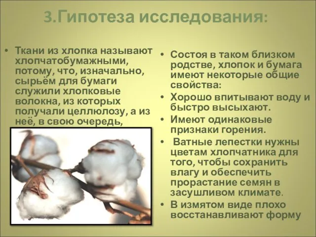 3.Гипотеза исследования: Ткани из хлопка называют хлопчатобумажными, потому, что, изначально, сырьём для