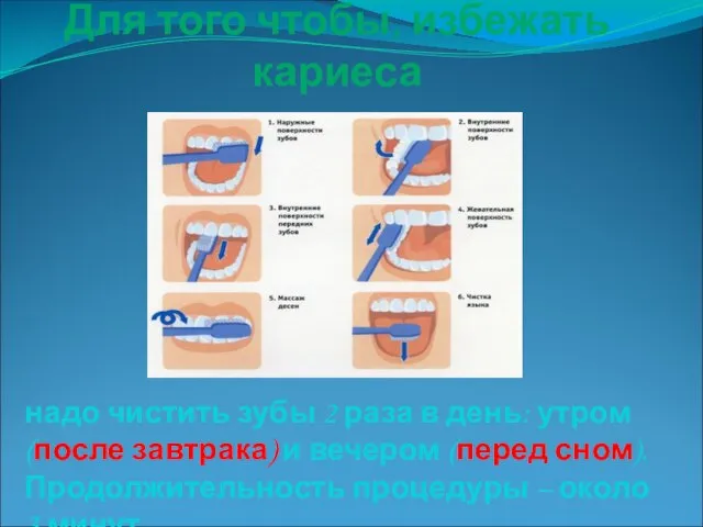 Для того чтобы, избежать кариеса надо чистить зубы 2 раза в день: