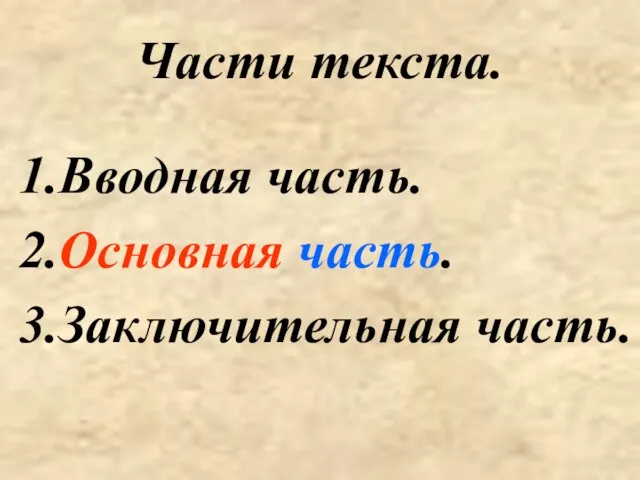 Части текста. 1.Вводная часть. 2.Основная часть. 3.Заключительная часть.