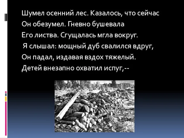 Шумел осенний лес. Казалось, что сейчас Он обезумел. Гневно бушевала Его листва.