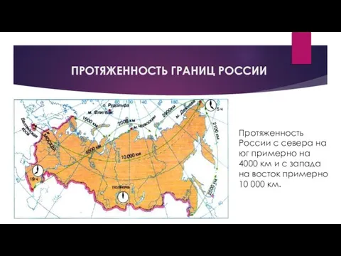 ПРОТЯЖЕННОСТЬ ГРАНИЦ РОССИИ Протяженность России с севера на юг примерно на 4000