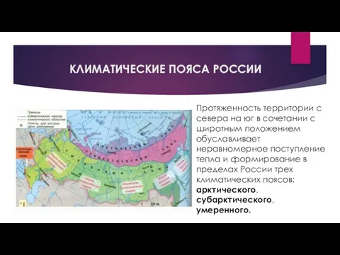 КЛИМАТИЧЕСКИЕ ПОЯСА РОССИИ Протяженность территории с севера на юг в сочетании с