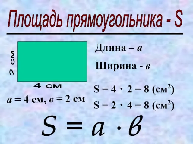 Площадь прямоугольника - S 4 см 2 см Длина – а Ширина