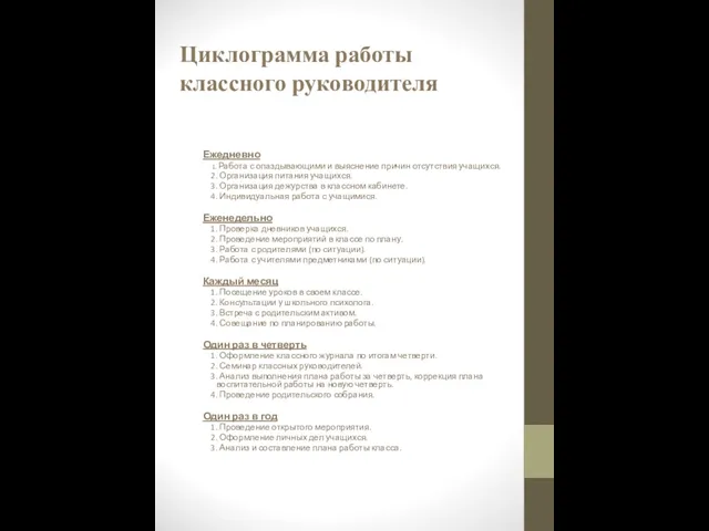 Циклограмма работы классного руководителя Ежедневно 1. Работа с опаздывающими и выяснение причин