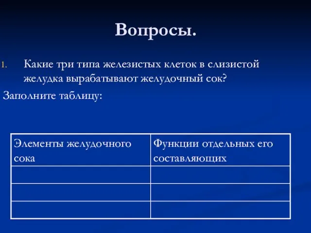 Вопросы. Какие три типа железистых клеток в слизистой желудка вырабатывают желудочный сок? Заполните таблицу: