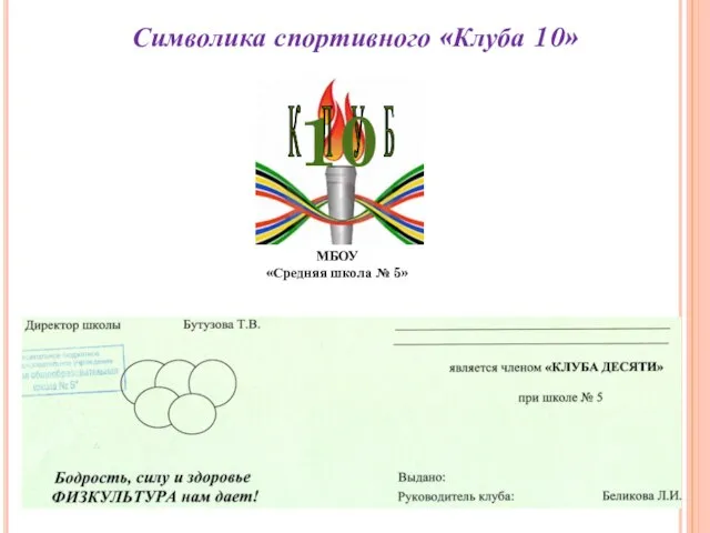 Символика спортивного «Клуба 10» К Л У Б 10 МБОУ «Средняя школа № 5»