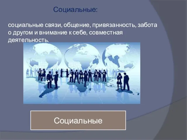 Социальные: социальные связи, общение, привязанность, забота о другом и внимание к себе, совместная деятельность. Социальные