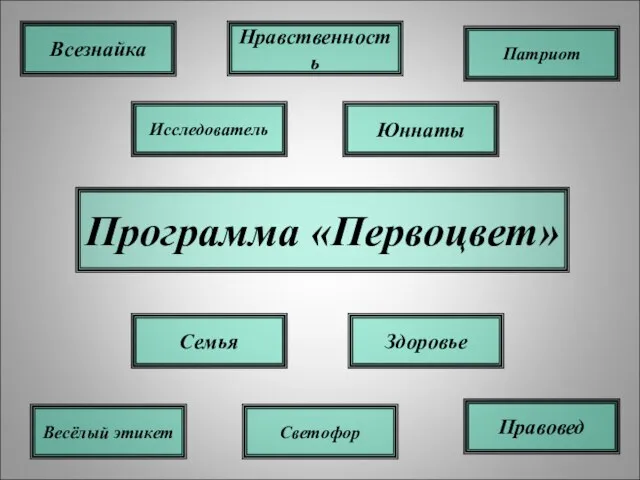 Программа «Первоцвет» Патриот Юннаты Нравственность Здоровье Правовед Всезнайка Весёлый этикет Светофор Исследователь Семья