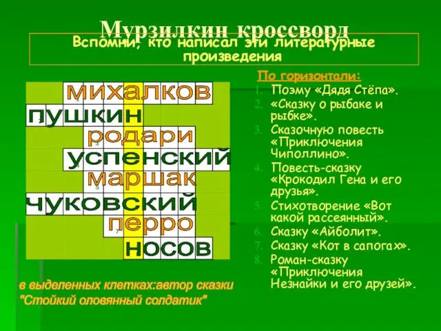 Мурзилкин кроссворд Вспомни, кто написал эти литературные произведения По горизонтали: Поэму «Дядя