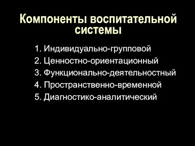 Компоненты воспитательной системы 1. Индивидуально-групповой 2. Ценностно-ориентационный 3. Функционально-деятельностный 4. Пространственно-временной 5. Диагностико-аналитический