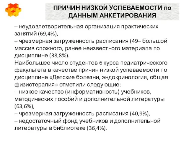 – неудовлетворительная организация практических занятий (69,4%), – чрезмерная загруженность расписания (49– большой