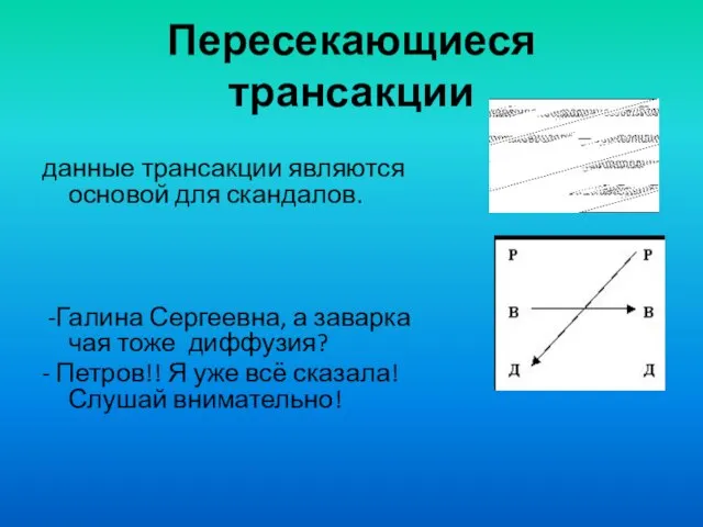 Пересекающиеся трансакции данные трансакции являются основой для скандалов. -Галина Сергеевна, а заварка