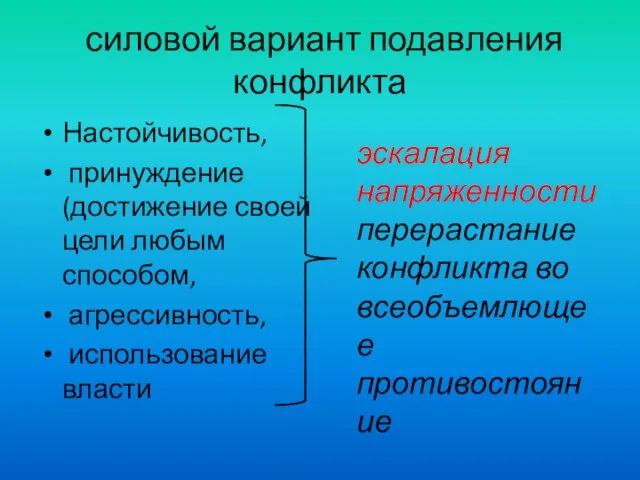 силовой вариант подавления конфликта Настойчивость, принуждение (достижение своей цели любым способом, агрессивность,