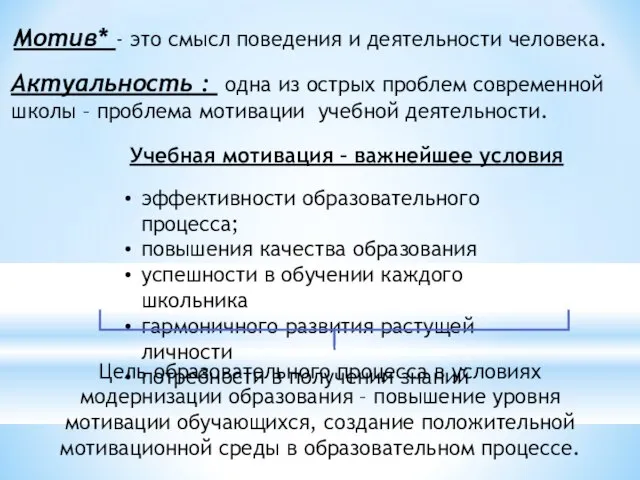 Мотив* - это смысл поведения и деятельности человека. Актуальность : одна из