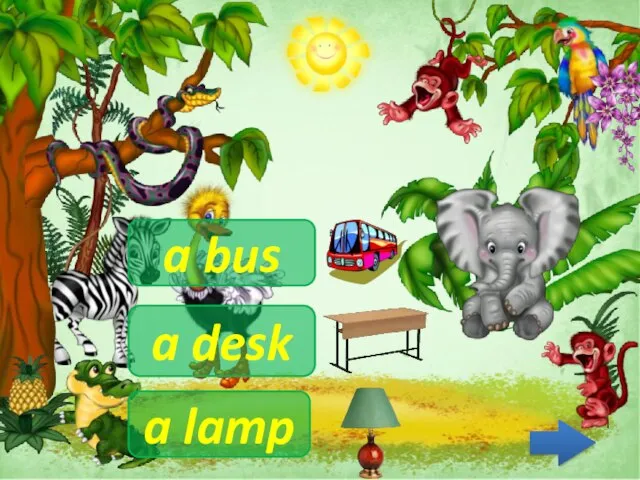 a bus a lamp a desk