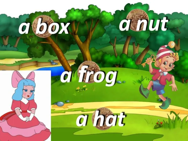 a hat a nut a frog a box