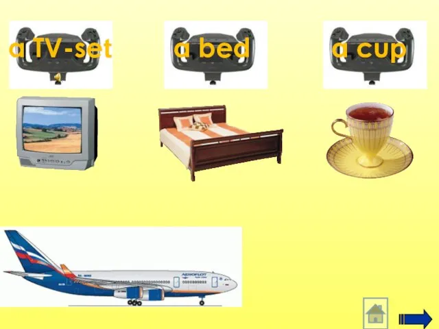 a TV-set a bed a cup