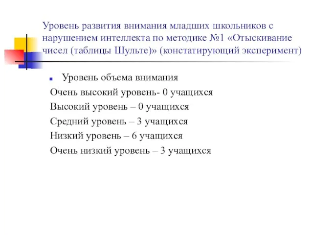 Уровень развития внимания младших школьников с нарушением интеллекта по методике №1 «Отыскивание