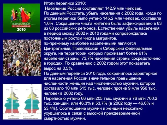 Итоги переписи 2010: Население России составляет 142,9 млн человек. По данным Росстата,