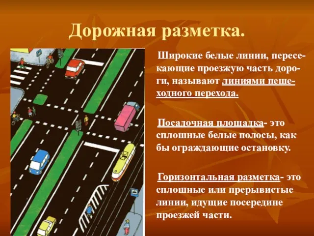 Дорожная разметка. Широкие белые линии, пересе-кающие проезжую часть доро-ги, называют линиями пеше-ходного