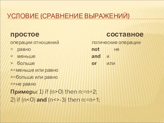 простое составное операции отношений логические операции = равно not не > больше