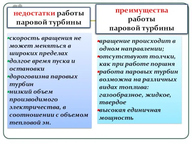 недостатки работы паровой турбины скорость вращения не может меняться в широких пределах