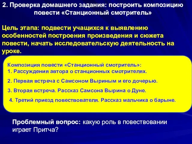 2. Проверка домашнего задания: построить композицию повести «Станционный смотритель» Цель этапа: подвести