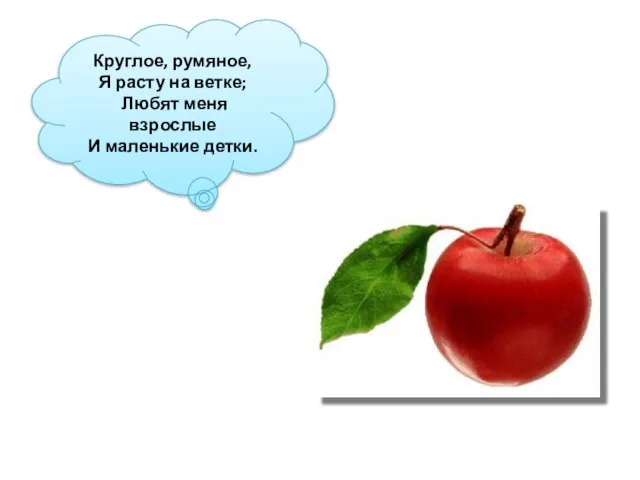 Круглое, румяное, Я расту на ветке; Любят меня взрослые И маленькие детки.