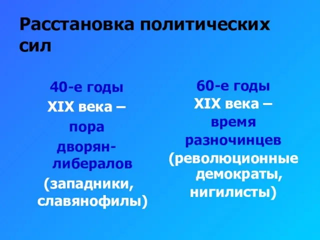 Расстановка политических сил 40-е годы XIX века – пора дворян-либералов (западники, славянофилы)